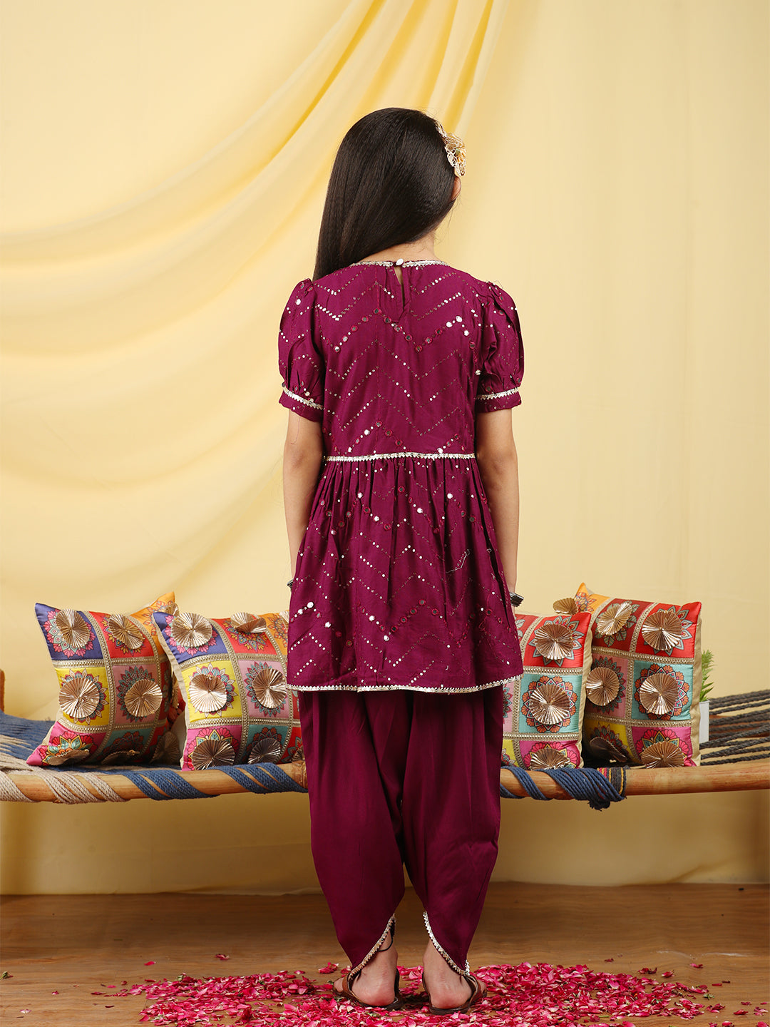 Cutiekins Girls Embroidered Mirror Work Angrakha Kurta & Dhoti -Wine & Gold