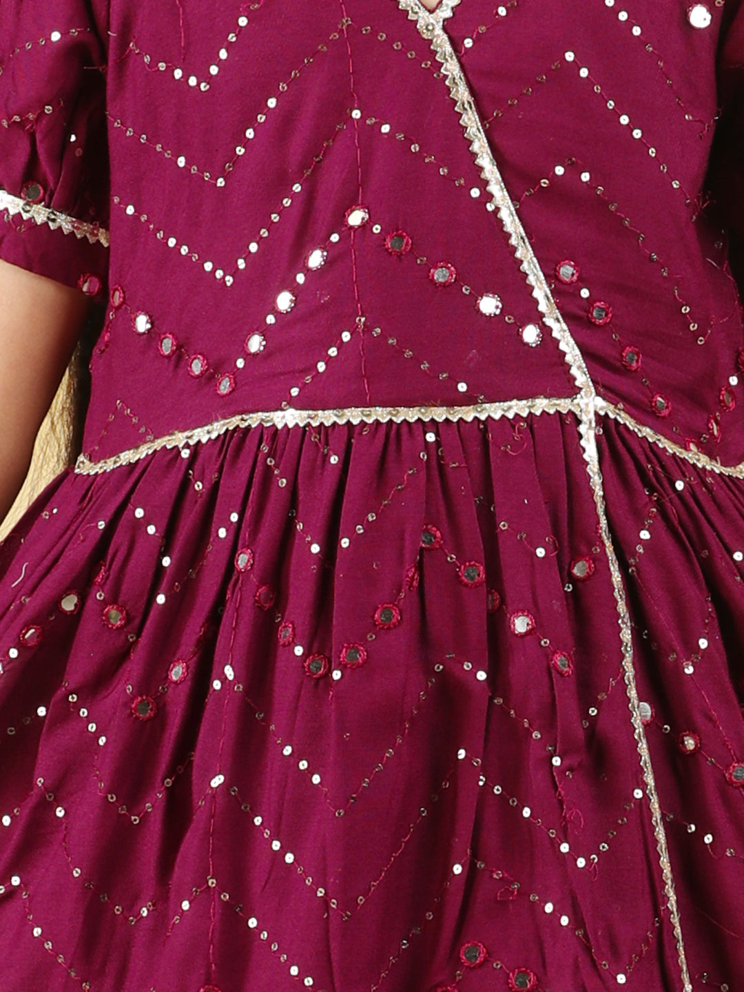 Cutiekins Girls Embroidered Mirror Work Angrakha Kurta & Dhoti -Wine & Gold