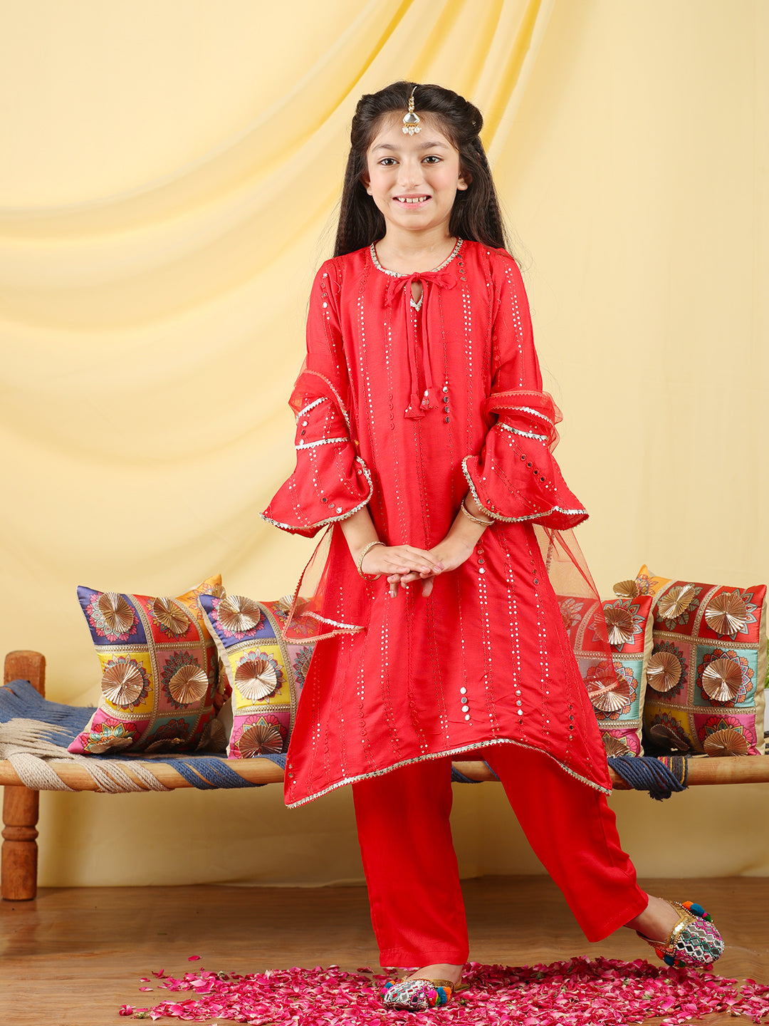 Cutiekins Girls Embroidered Mirror Work Kurta & Palazzo with Dupatta -Red & Gold