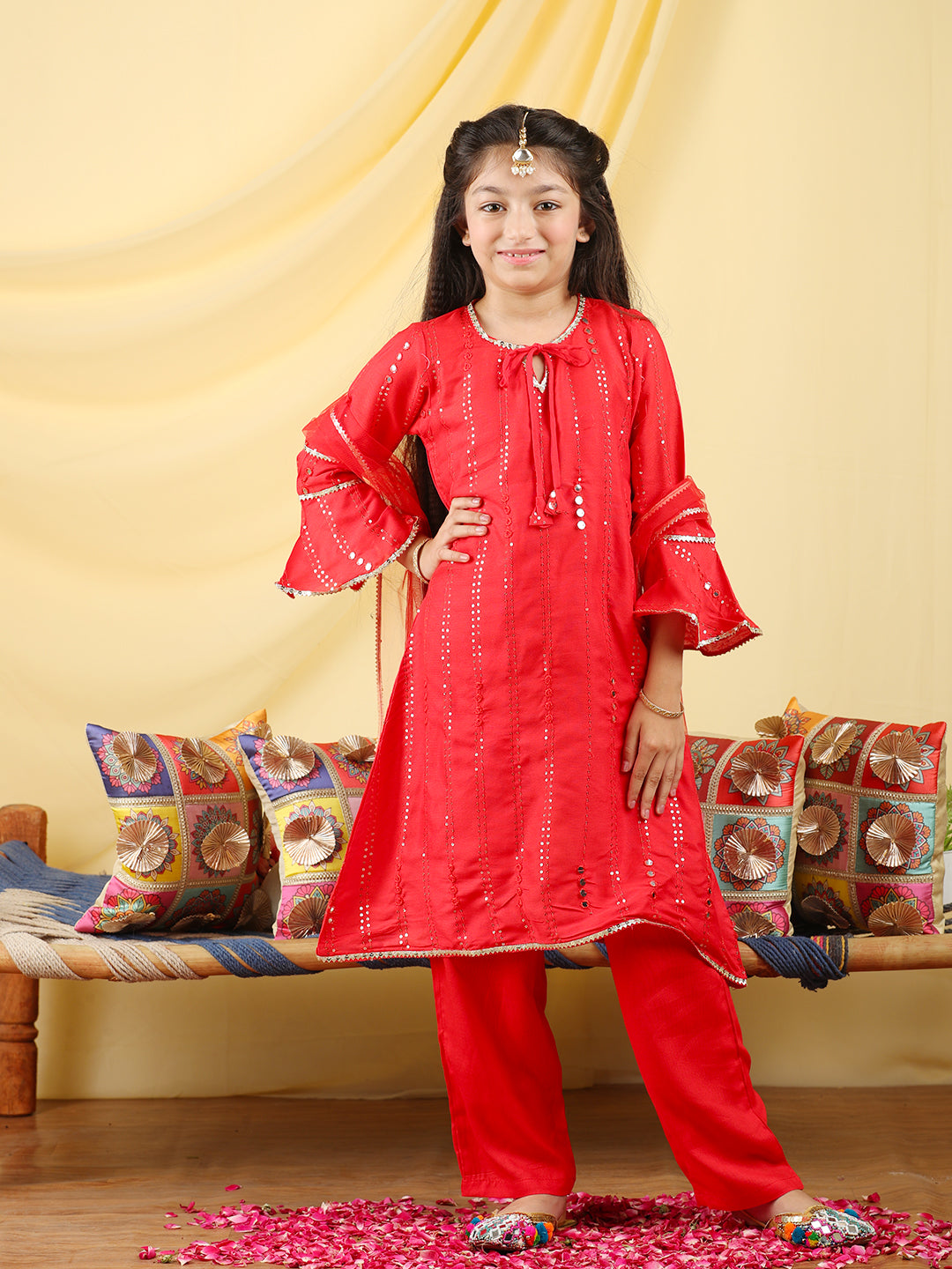 Cutiekins Girls Embroidered Mirror Work Kurta & Palazzo with Dupatta -Red & Gold