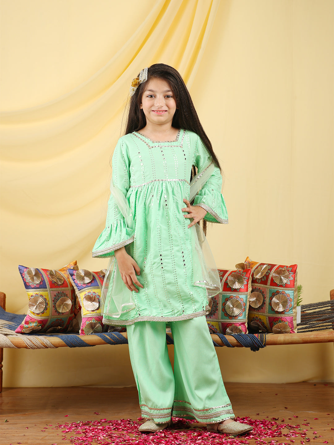Cutiekins Girls Embroidered Gotta Patti Kurta & Palazzo with Dupatta -Light Green & Gold