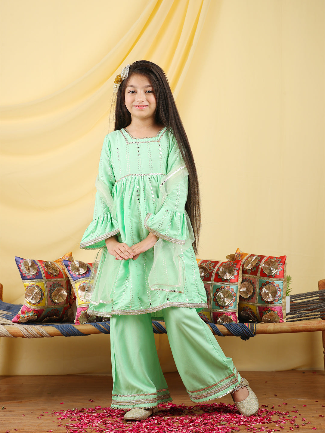 Cutiekins Girls Embroidered Gotta Patti Kurta & Palazzo with Dupatta -Light Green & Gold