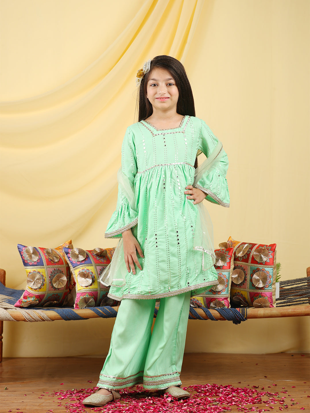Cutiekins Girls Embroidered Gotta Patti Kurta & Palazzo with Dupatta -Light Green & Gold
