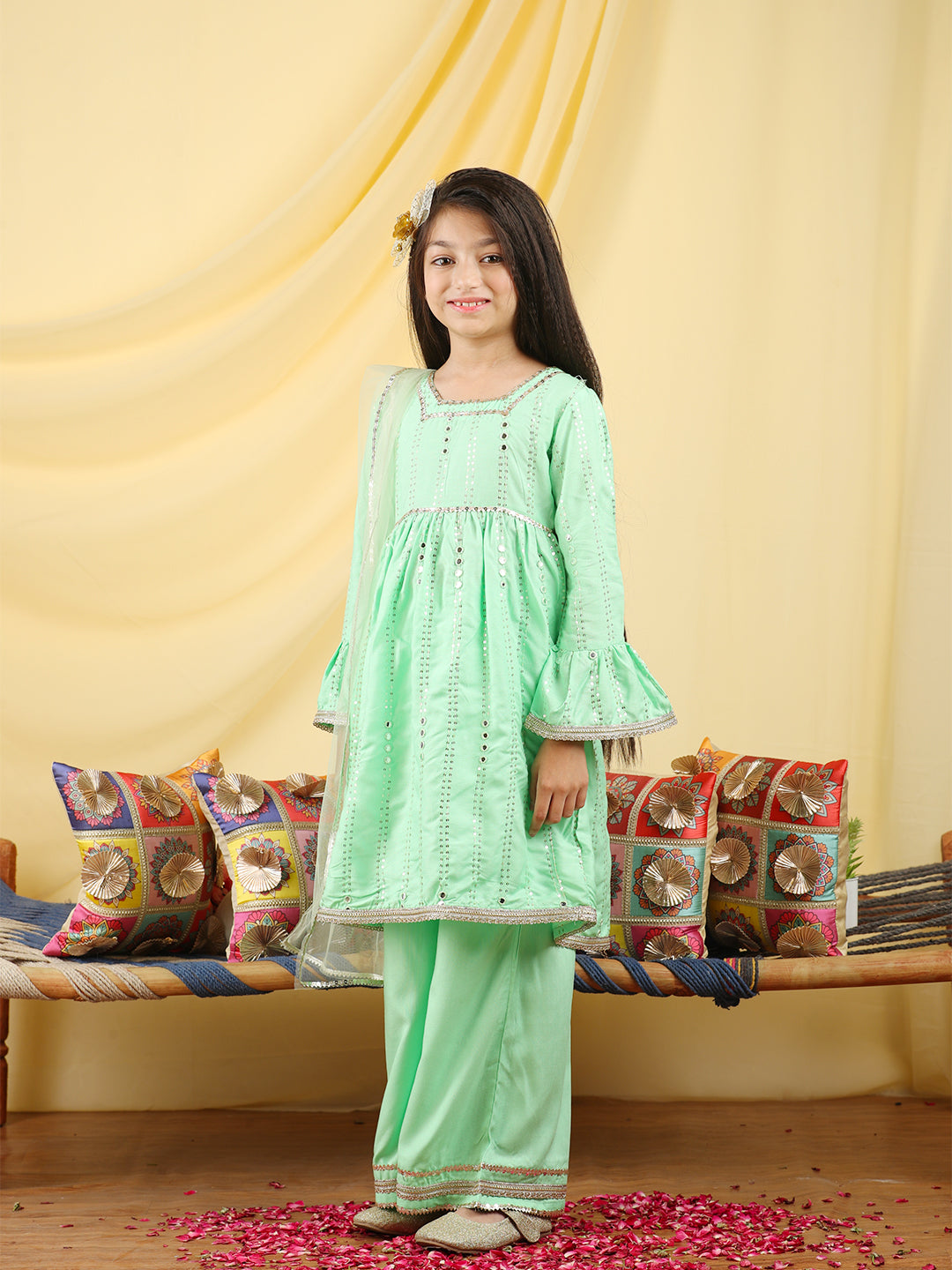 Cutiekins Girls Embroidered Gotta Patti Kurta & Palazzo with Dupatta -Light Green & Gold