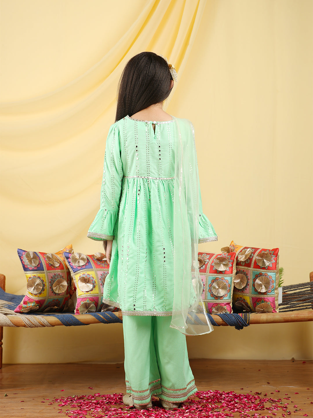 Cutiekins Girls Embroidered Gotta Patti Kurta & Palazzo with Dupatta -Light Green & Gold