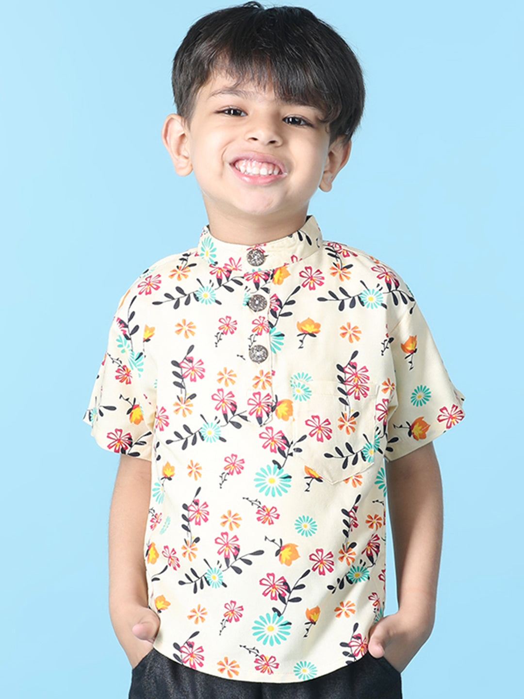Cutiekins Boys Floral Print T-Shirt -Off White & Pink