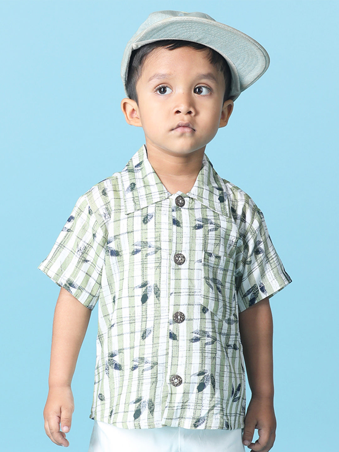 Cutiekins Boys Tropical Print Shirt -Off White & Green