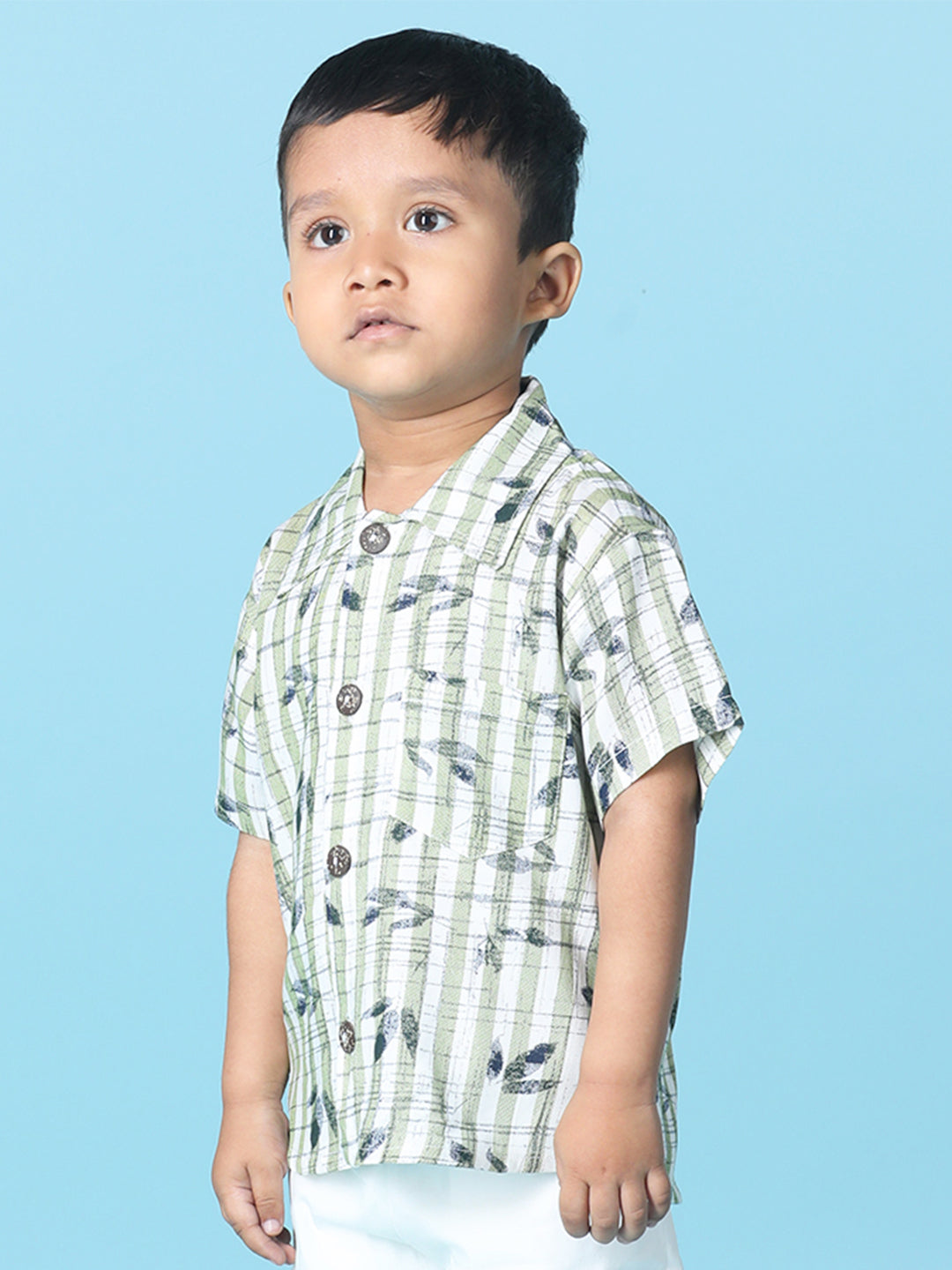 Cutiekins Boys Tropical Print Shirt -Off White & Green