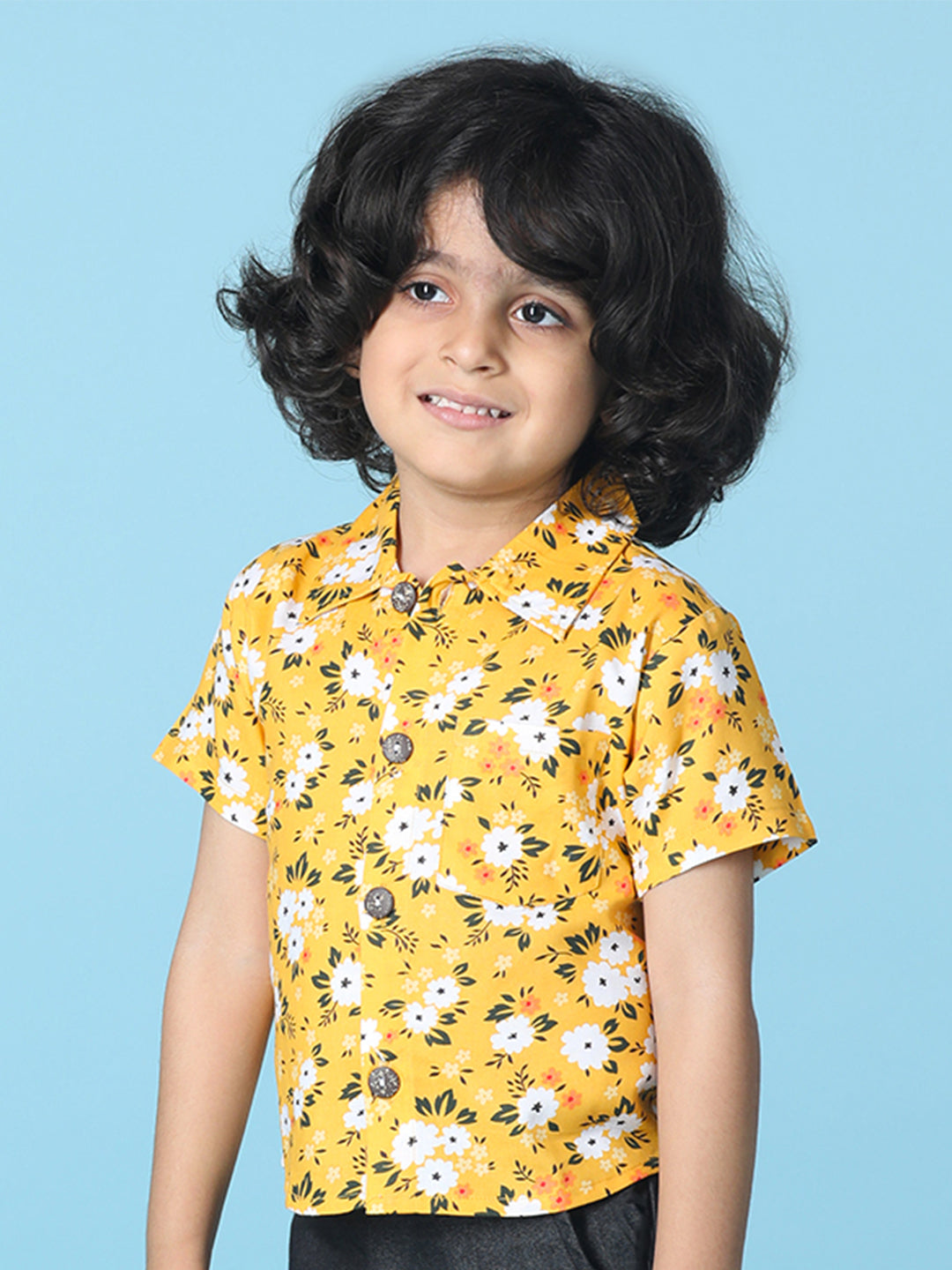 Cutiekins Boys Tropical Print Shirt-Mustard & White