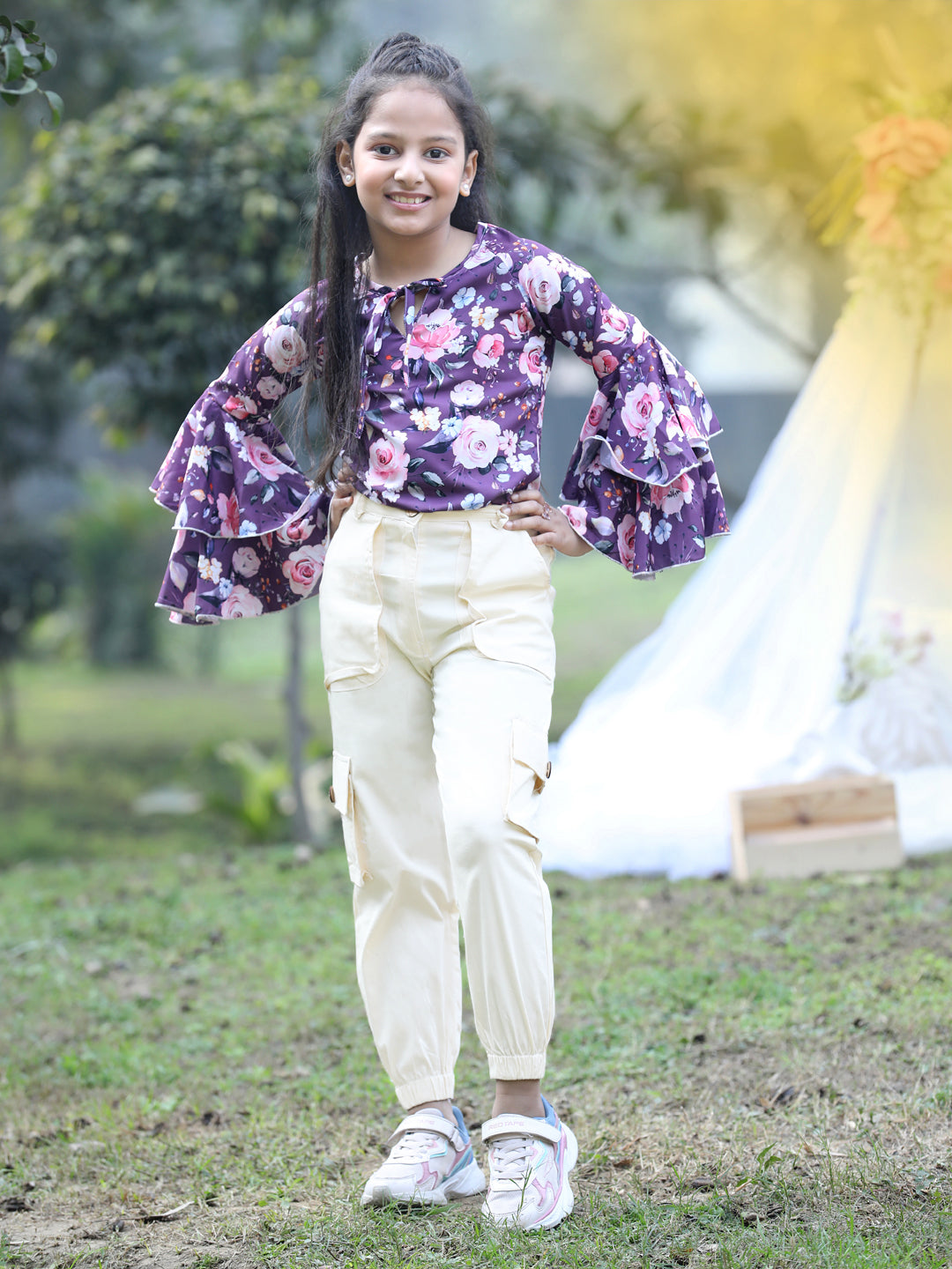 Cutiekins Front Knot Round Neck Foral Printed Regular Top & Cargo Pant Set -Mauve & White