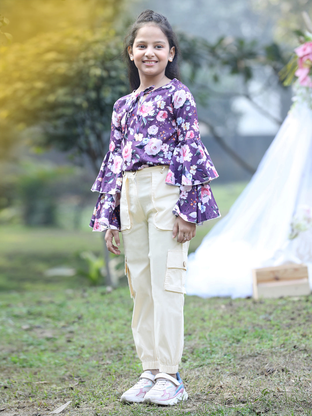 Cutiekins Front Knot Round Neck Foral Printed Regular Top & Cargo Pant Set -Mauve & White