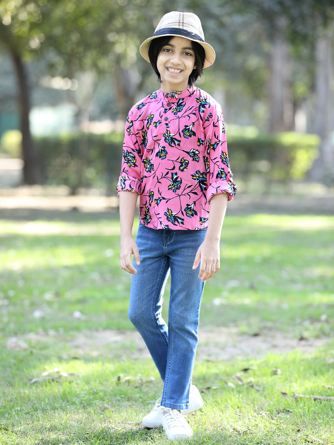 Cutiekins Floral & Leaf Printed T-Shirt - Pink & Blue