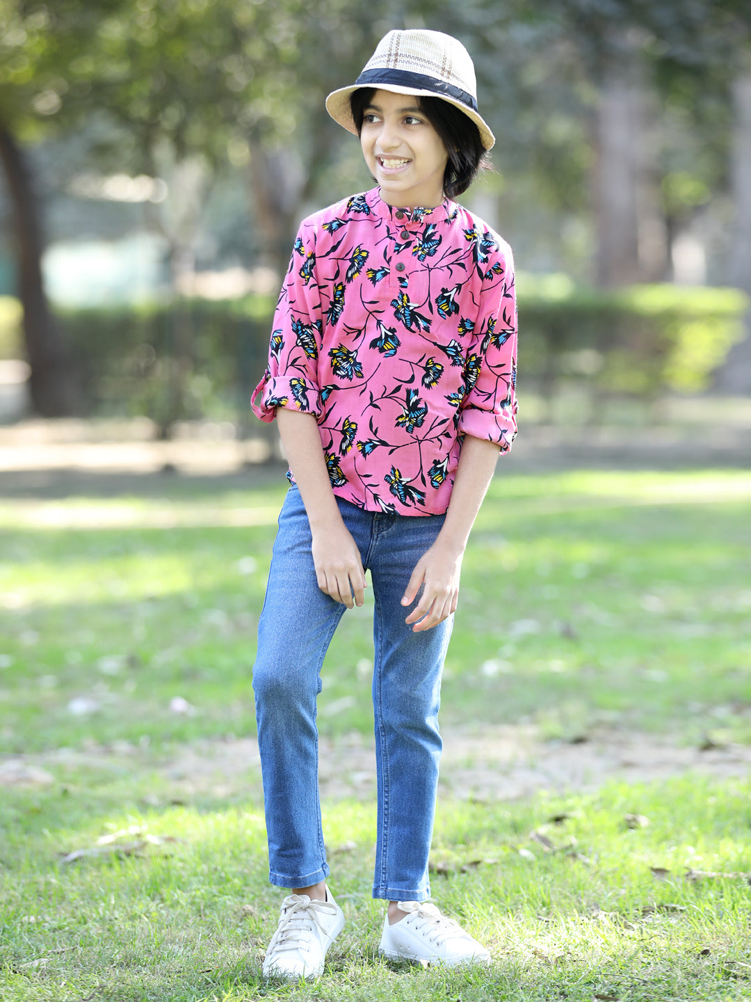 Cutiekins Floral & Leaf Printed T-Shirt - Pink & Blue
