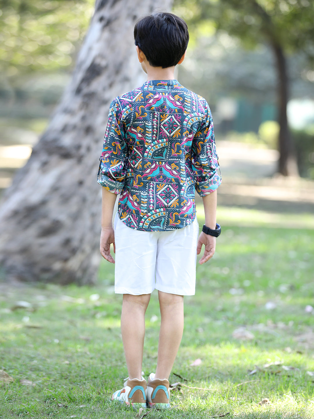 Cutiekins Tribal Printed Shirt & Shorts Set-Royal Blue & White