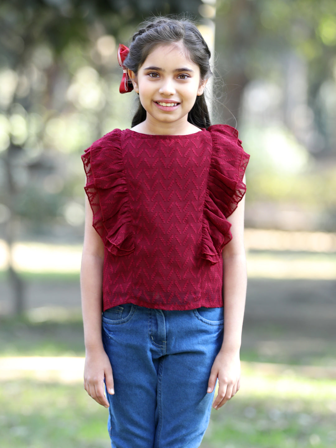 Cutiekins Side frill Georgette Round Neck Top -Maroon