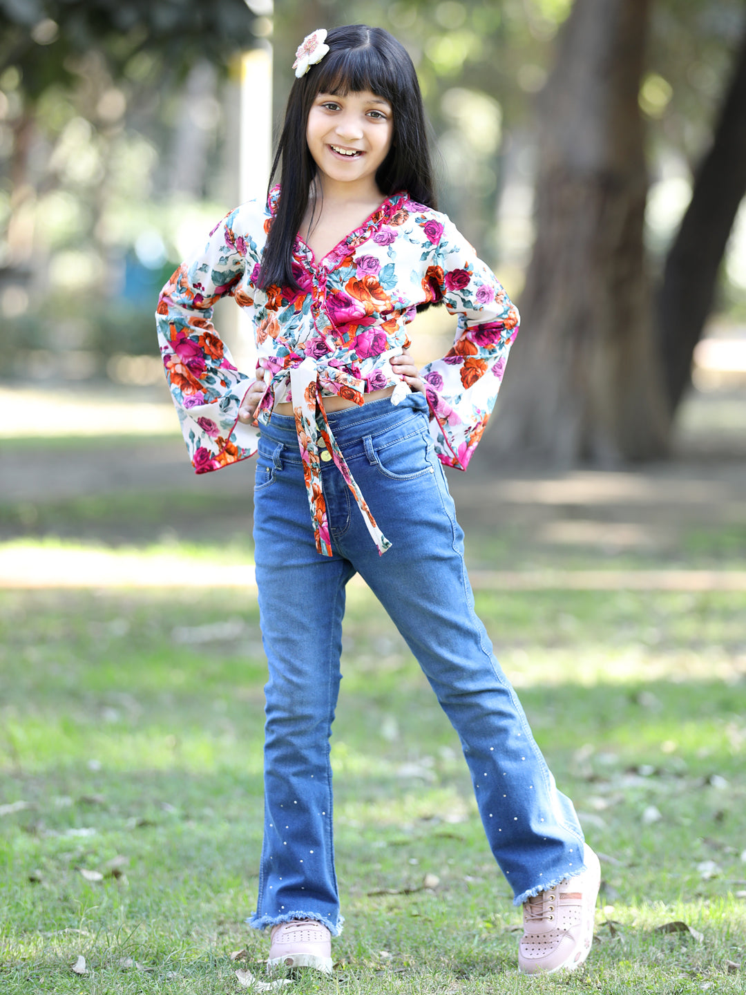 Cutiekins Floral Printed V-Neck Long Sleeves Top- White & Pink