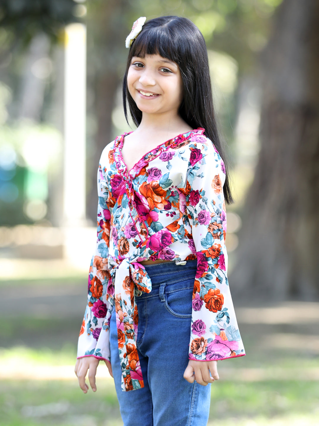 Cutiekins Floral Printed V-Neck Long Sleeves Top- White & Pink