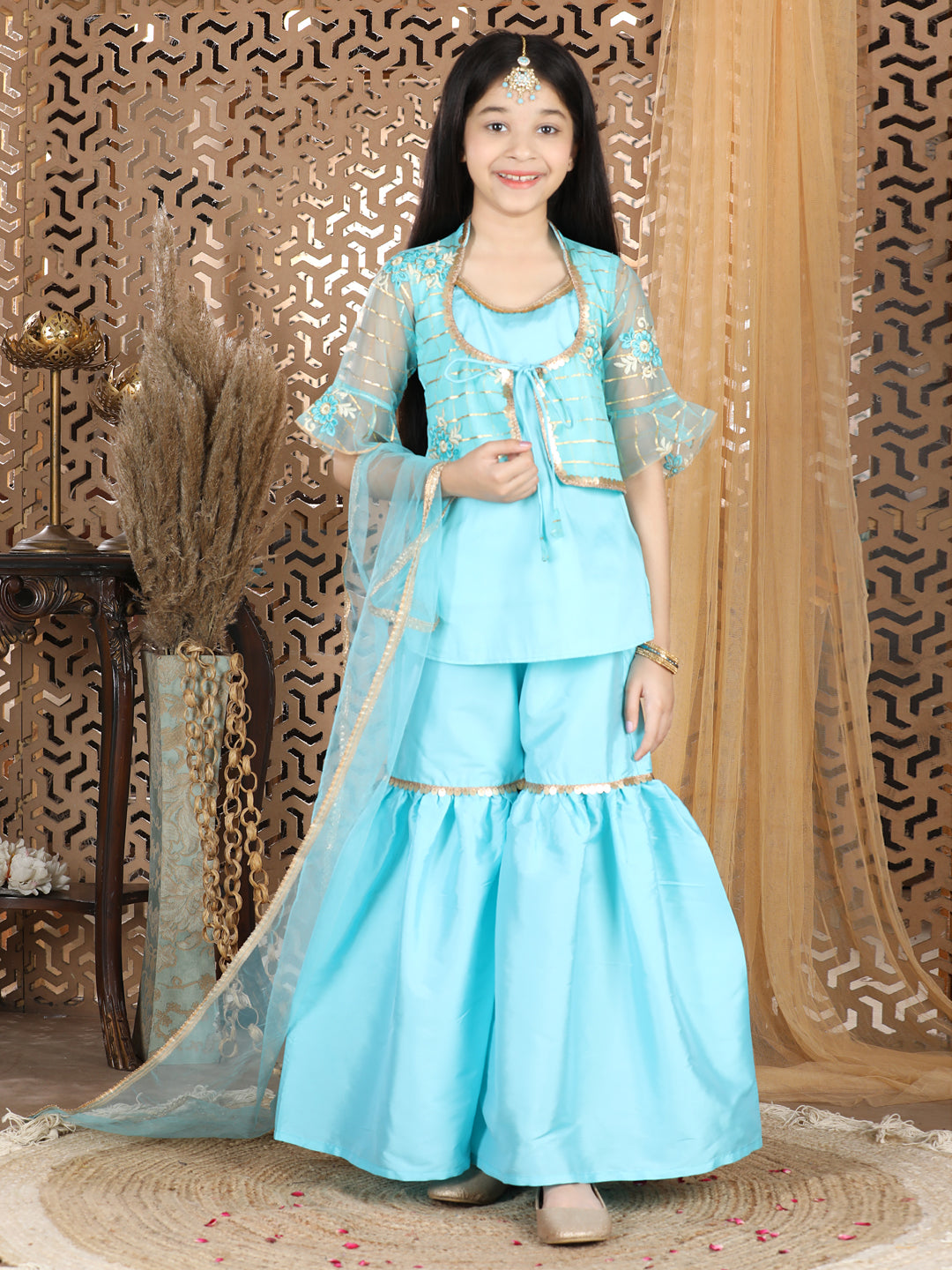 Cutiekins Jacket Kurta & Sharara Set -Sky Blue & Golden