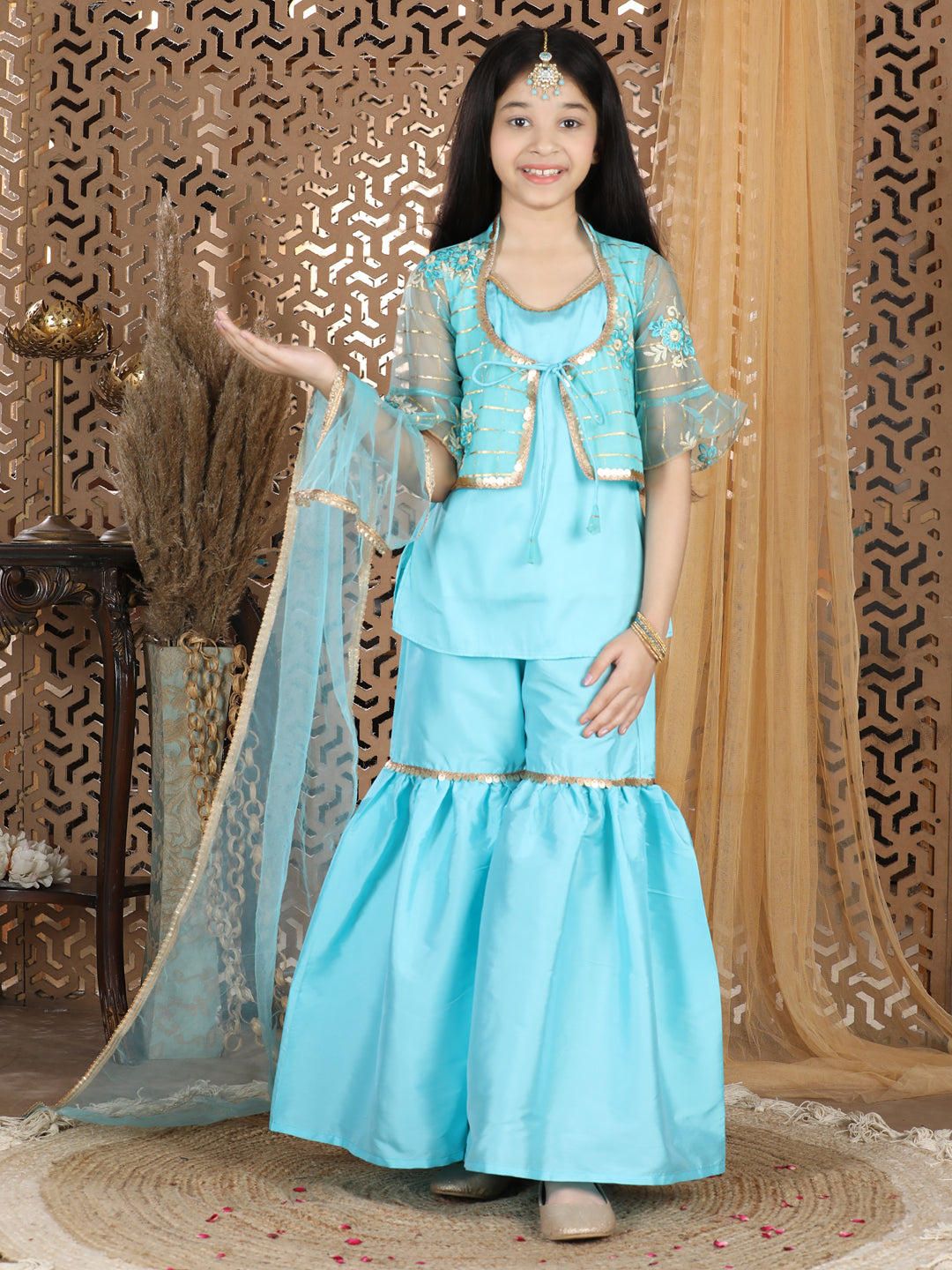 Cutiekins Jacket Kurta & Sharara Set -Sky Blue & Golden