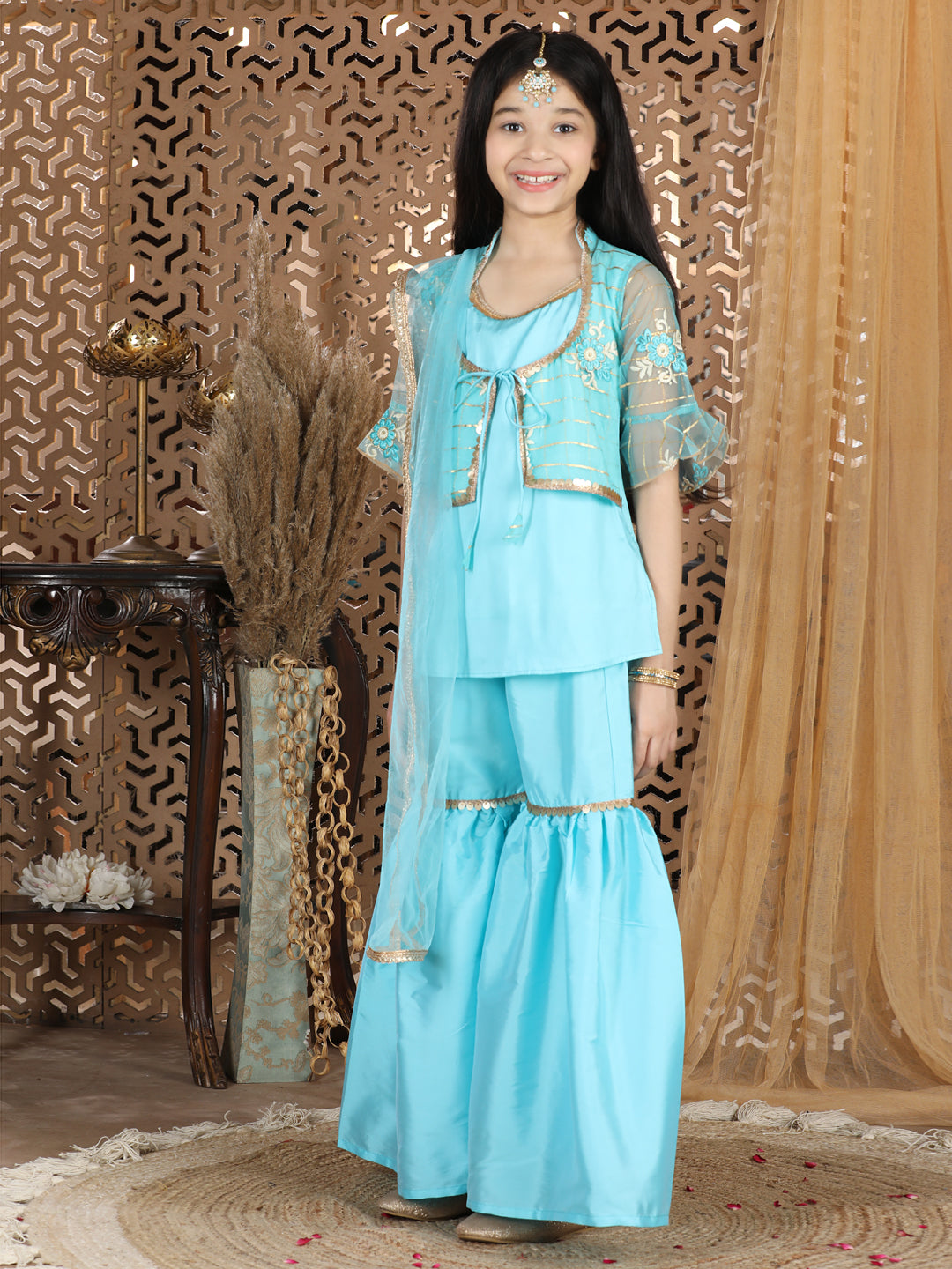 Cutiekins Jacket Kurta & Sharara Set -Sky Blue & Golden