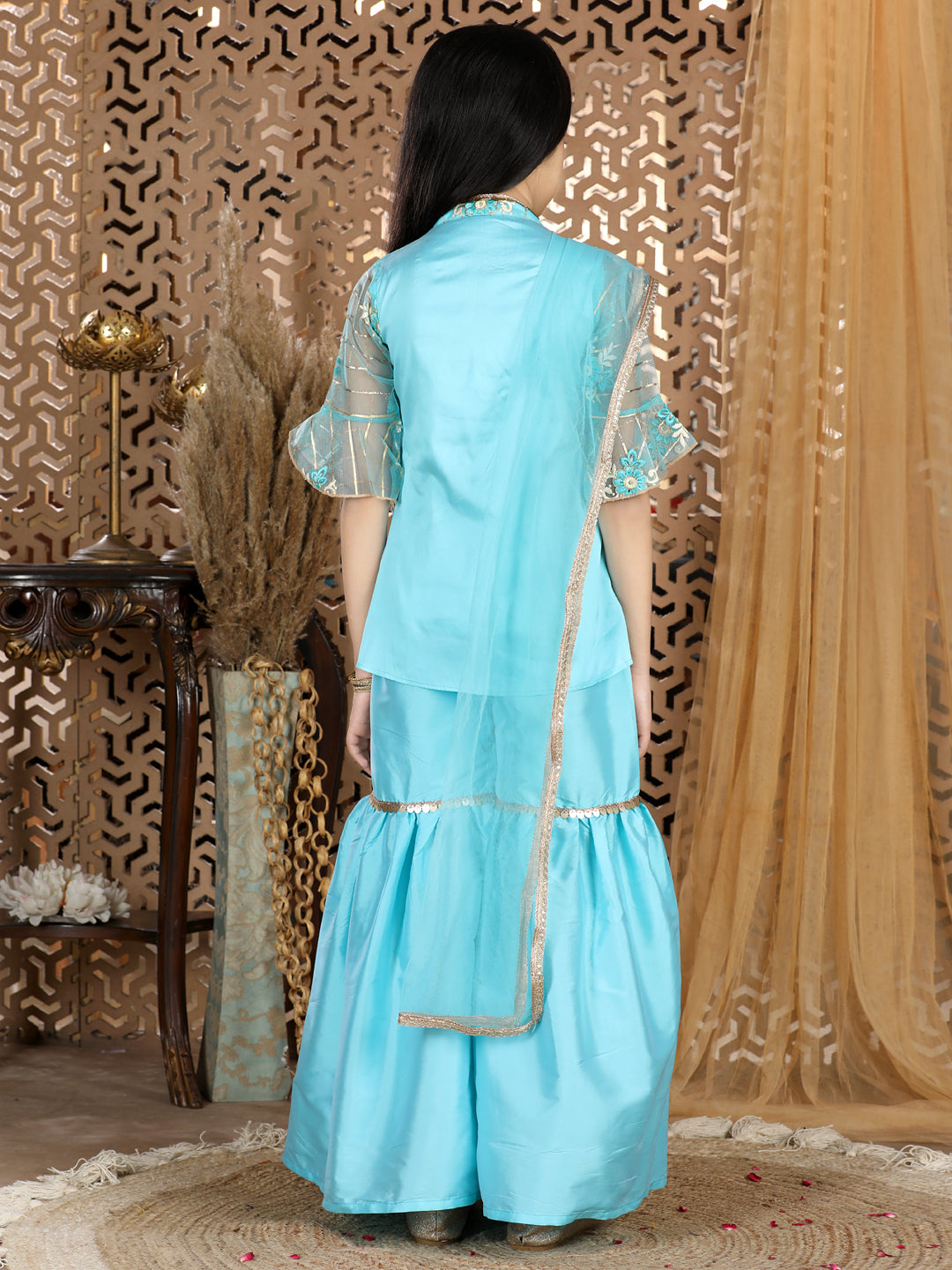 Cutiekins Jacket Kurta & Sharara Set -Sky Blue & Golden