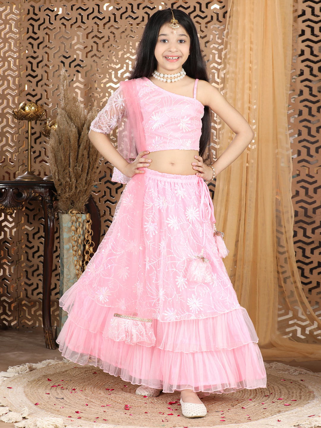 Cutiekins Sequence Net Work Lengha Choli Set- Pink