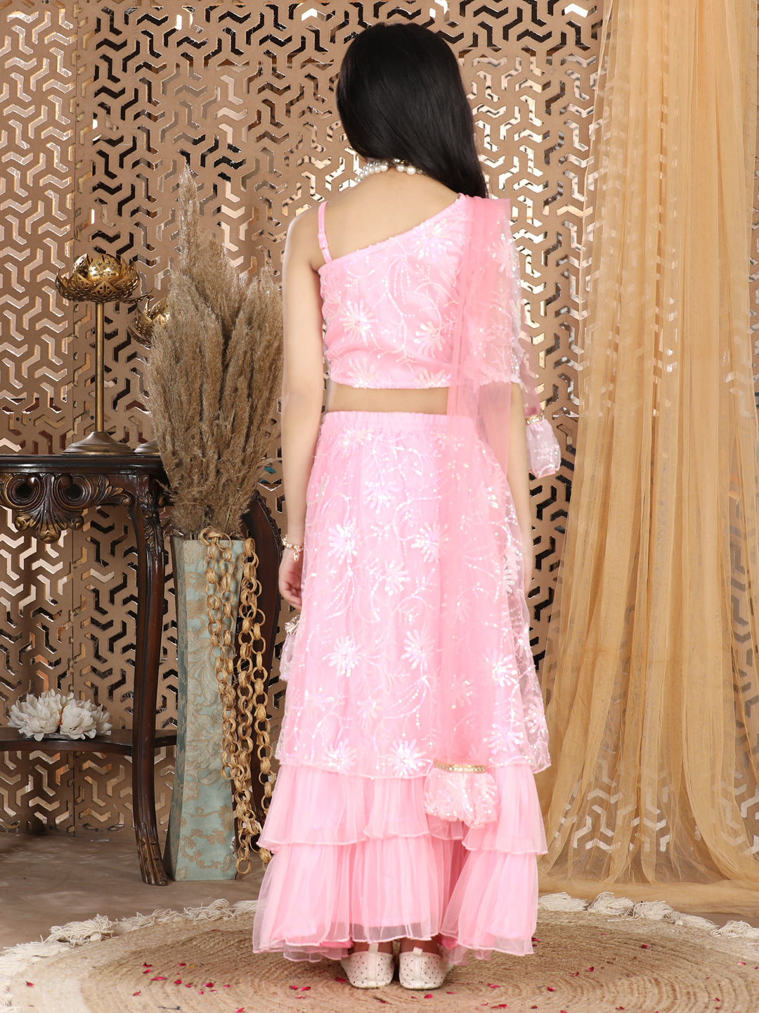 Cutiekins Sequence Net Work Lengha Choli Set- Pink
