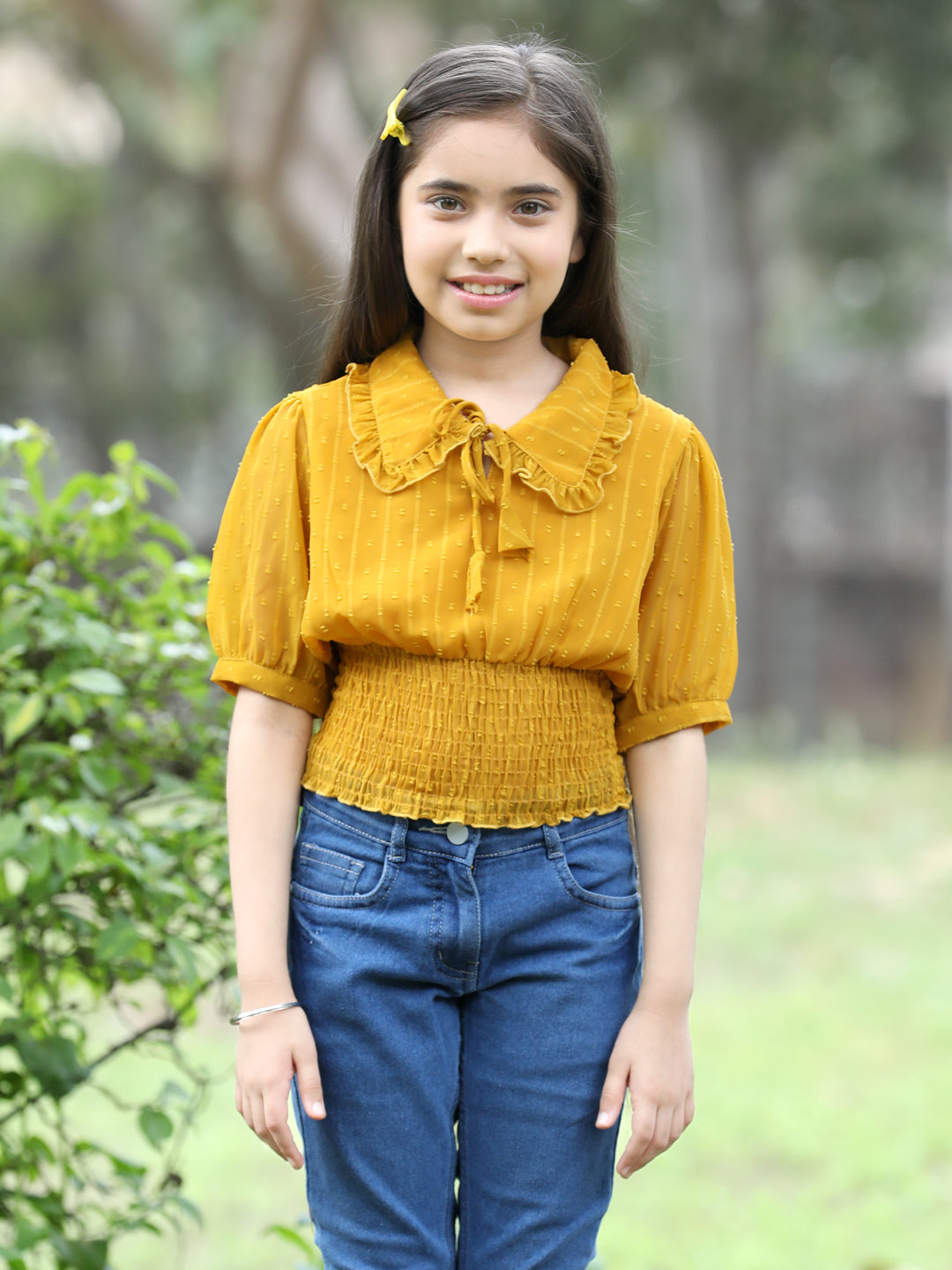 Cutiekins Peter Pan Neck Georgette Crop Top -Mustard