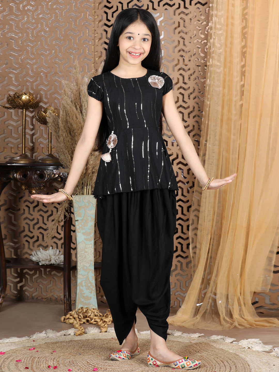 Cutiekins Sequined Peplum Top & Dhoti Set-Black & Golden