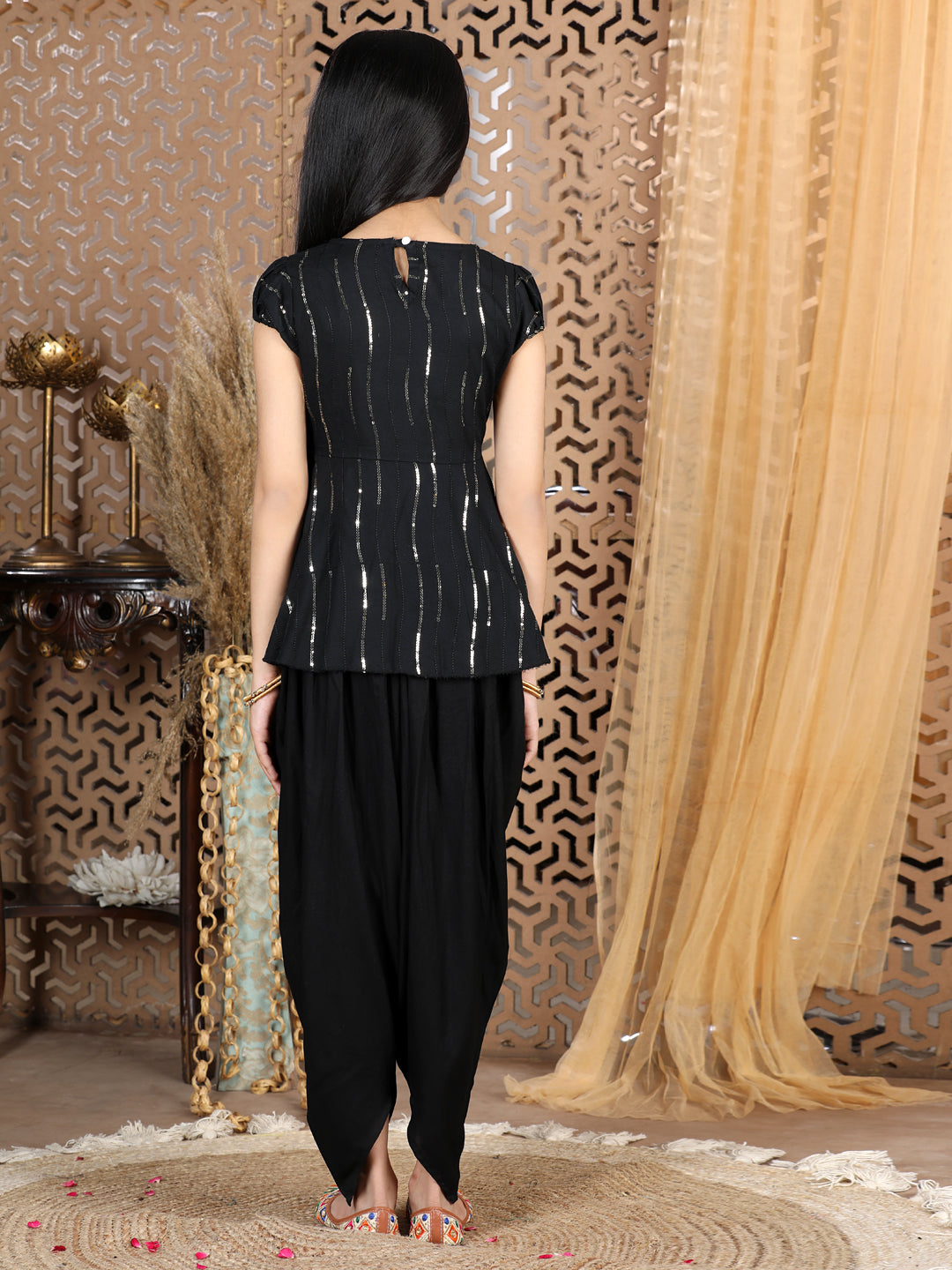 Cutiekins Sequined Peplum Top & Dhoti Set-Black & Golden