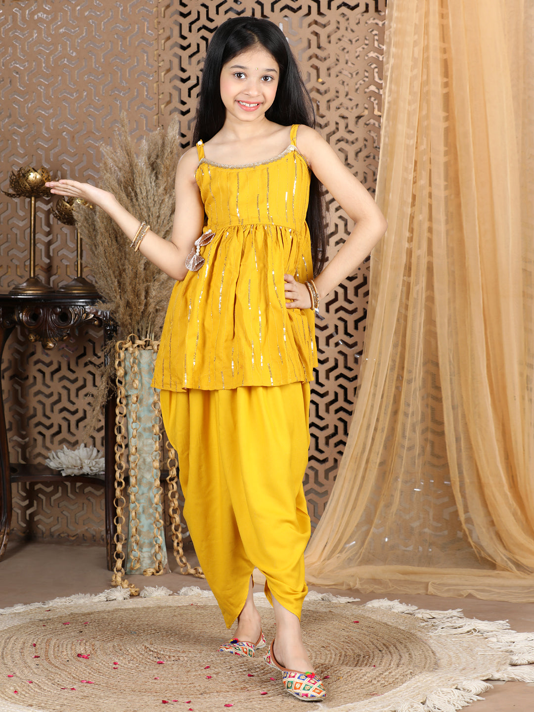 Cutiekins Sequined Peplum Top & Dhoti Set-Mustard & Golden