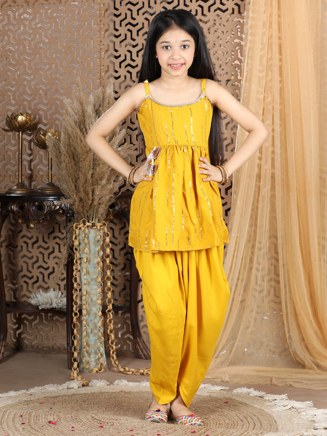Cutiekins Sequined Peplum Top & Dhoti Set-Mustard & Golden