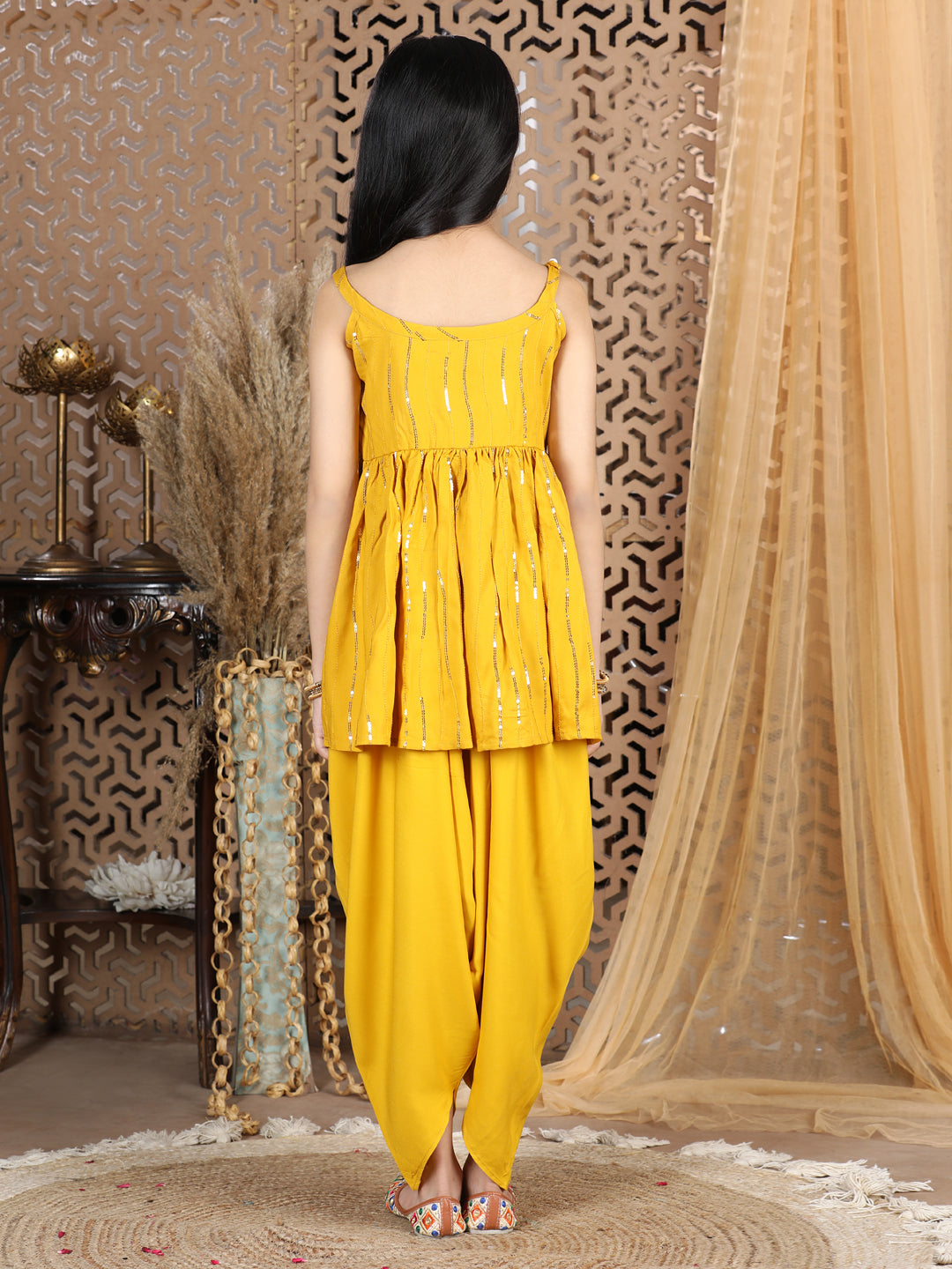 Cutiekins Sequined Peplum Top & Dhoti Set-Mustard & Golden