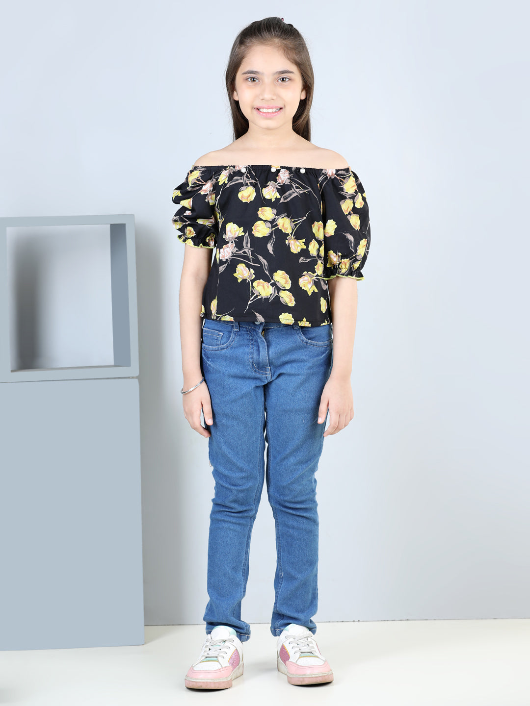 Cutiekins Printed Off Shoulder Polyester Top-Black & Yellow