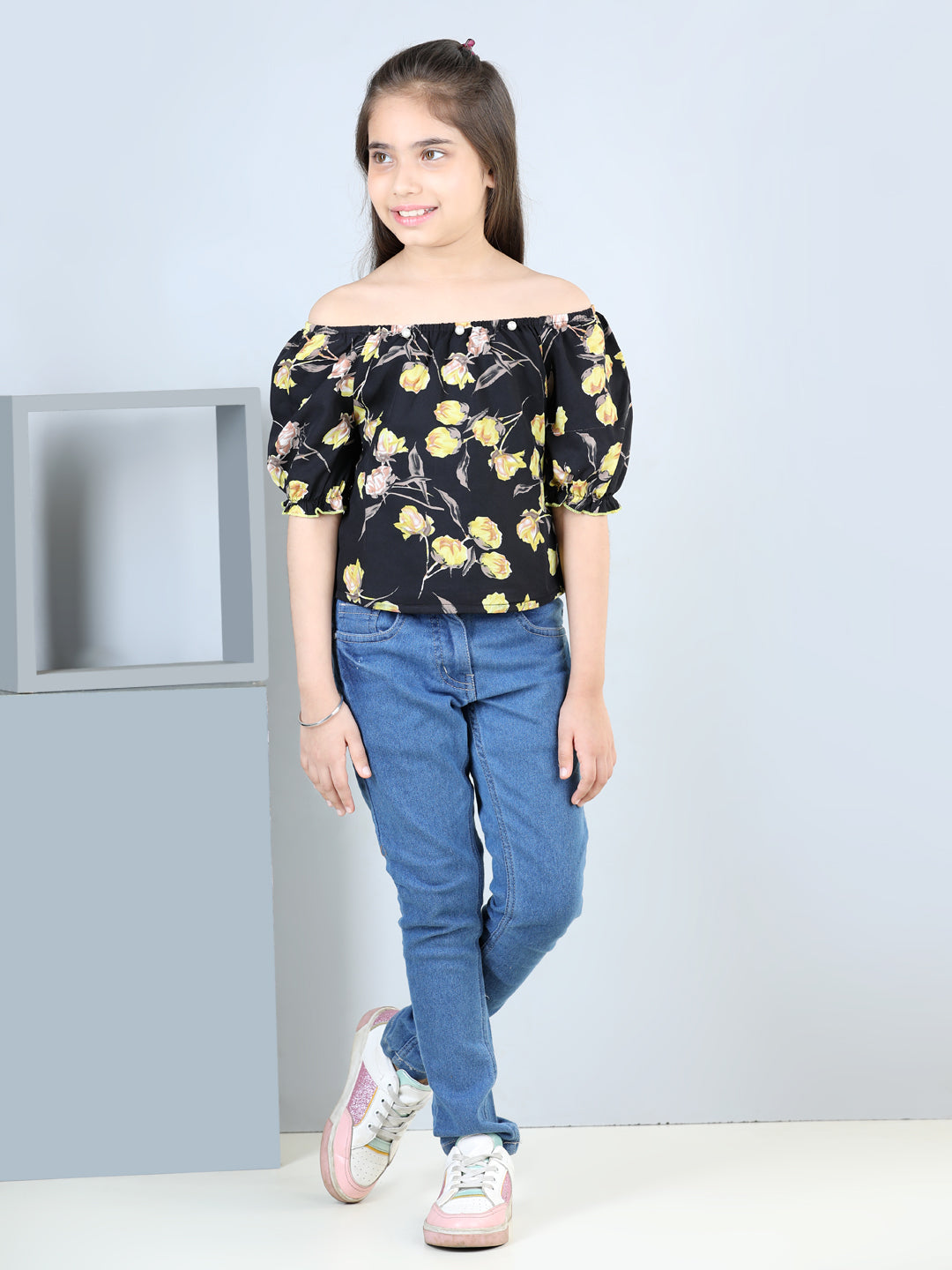 Cutiekins Printed Off Shoulder Polyester Top-Black & Yellow