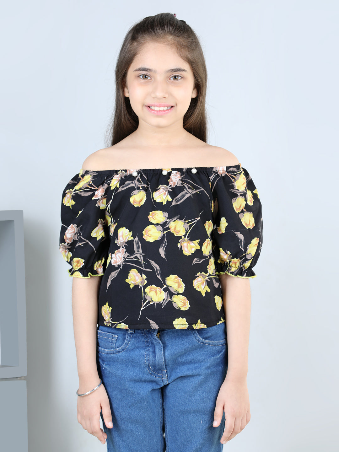 Cutiekins Printed Off Shoulder Polyester Top-Black & Yellow