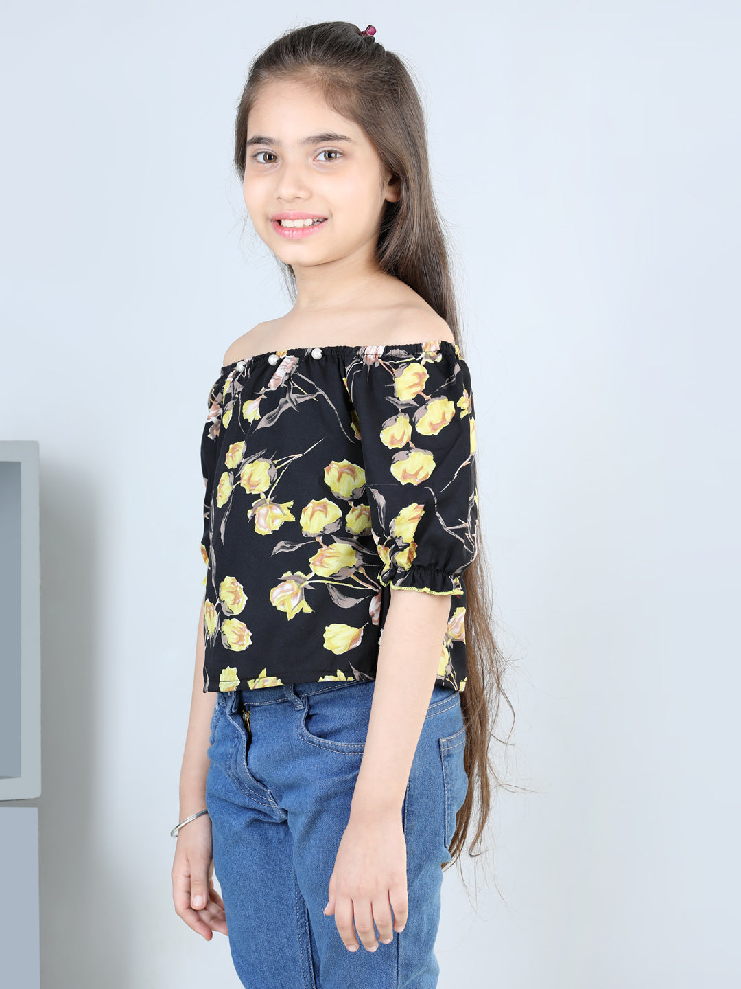 Cutiekins Printed Off Shoulder Polyester Top-Black & Yellow