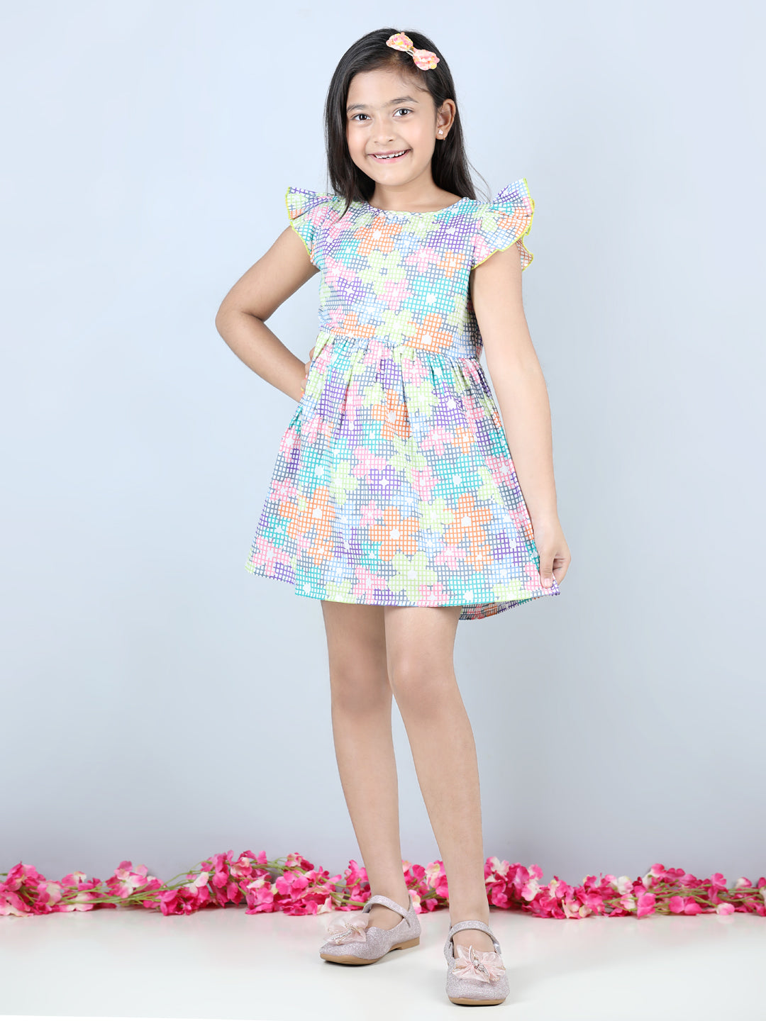 Cutiekins Stripe & Floral Printed Frilled Sleeves Dress- Multicolour