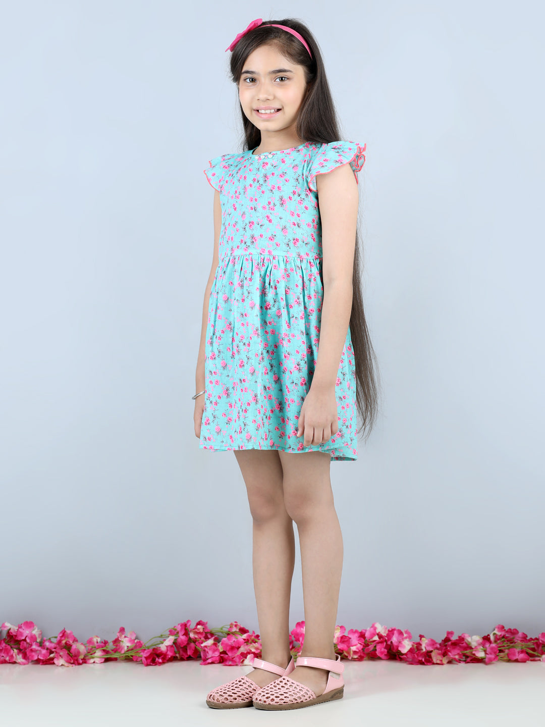 Cutiekins Floral Printed Frilled Sleeves Dress-Sea Green & Pink