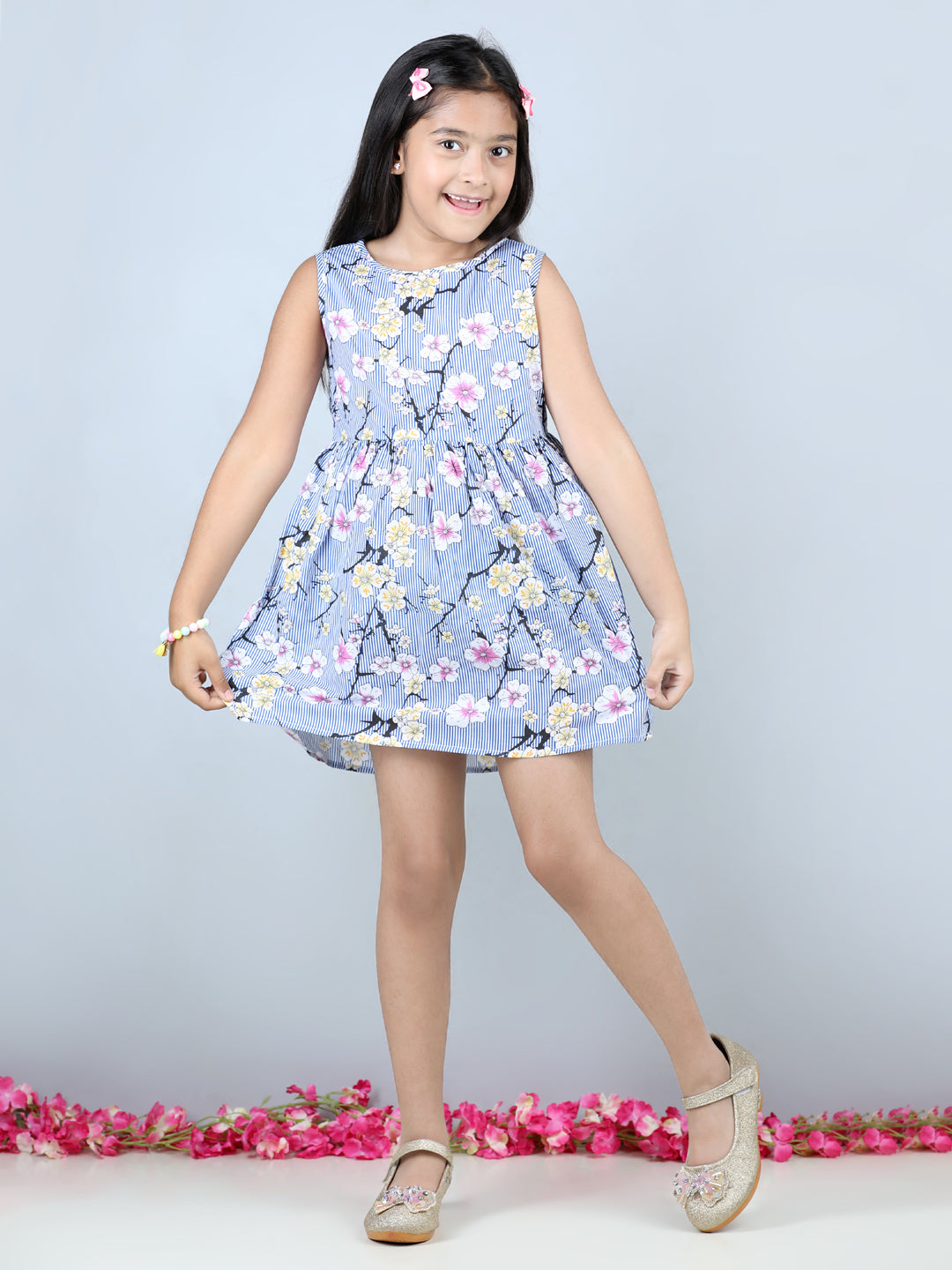 Cutiekins Stripes & Floral Printed Sleevless Dress- Royal Blue & White
