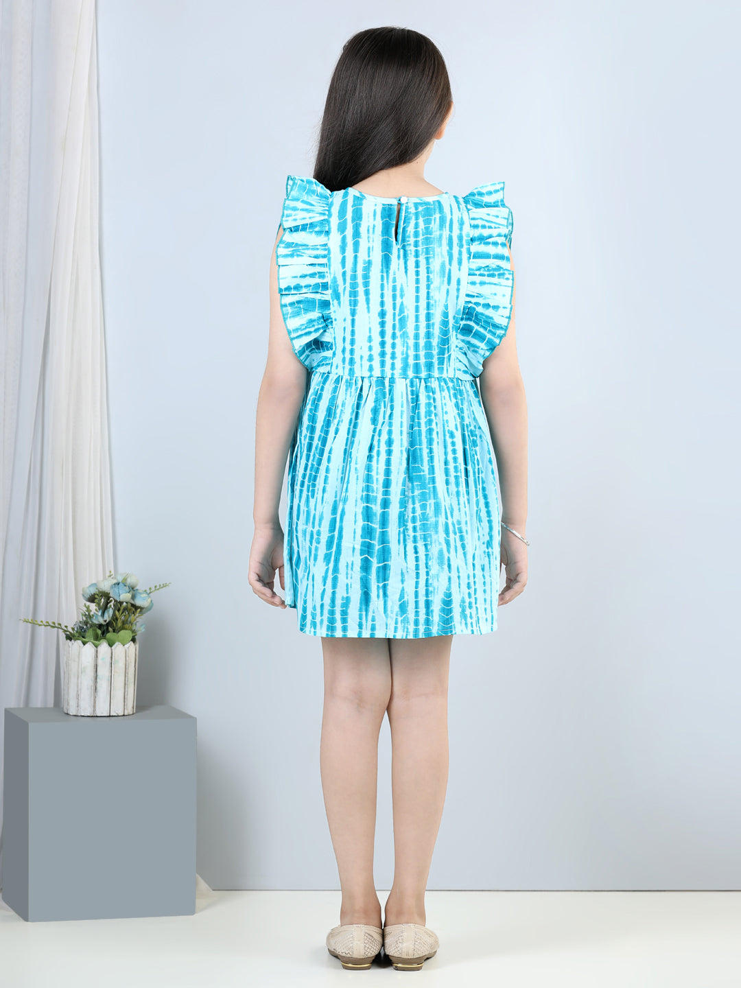Cutiekins Tie & Dye Printed Side Frilled Sleevless Dress-Blue & White