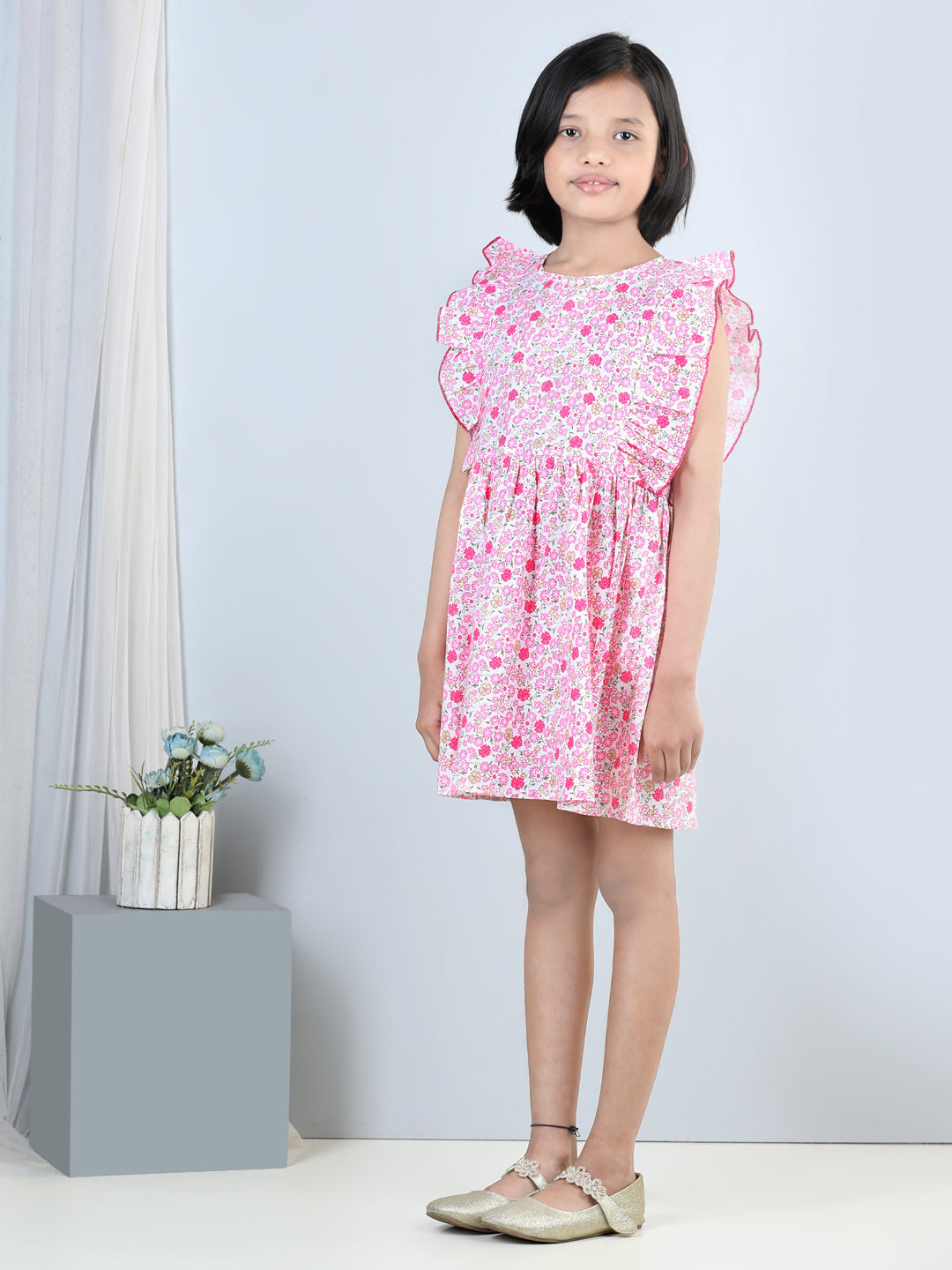 Cutiekins Geometric Printed Side Frilled Sleevless Dress-Pink & White
