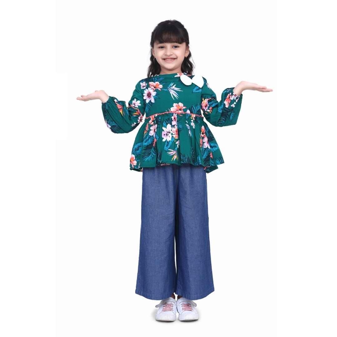Cutiekins Green Floral Print Peplum Top  - Green & White