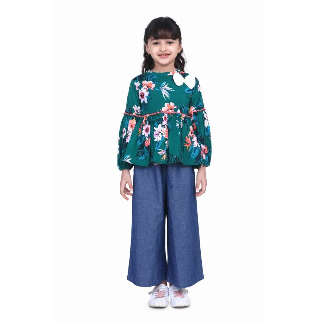 Cutiekins Green Floral Print Peplum Top  - Green & White