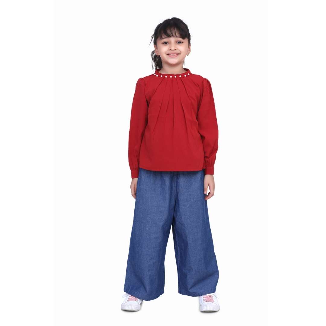 Cutiekins Solid Pearl Pleated Top - Maroon