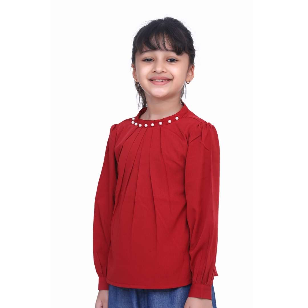 Cutiekins Solid Pearl Pleated Top - Maroon