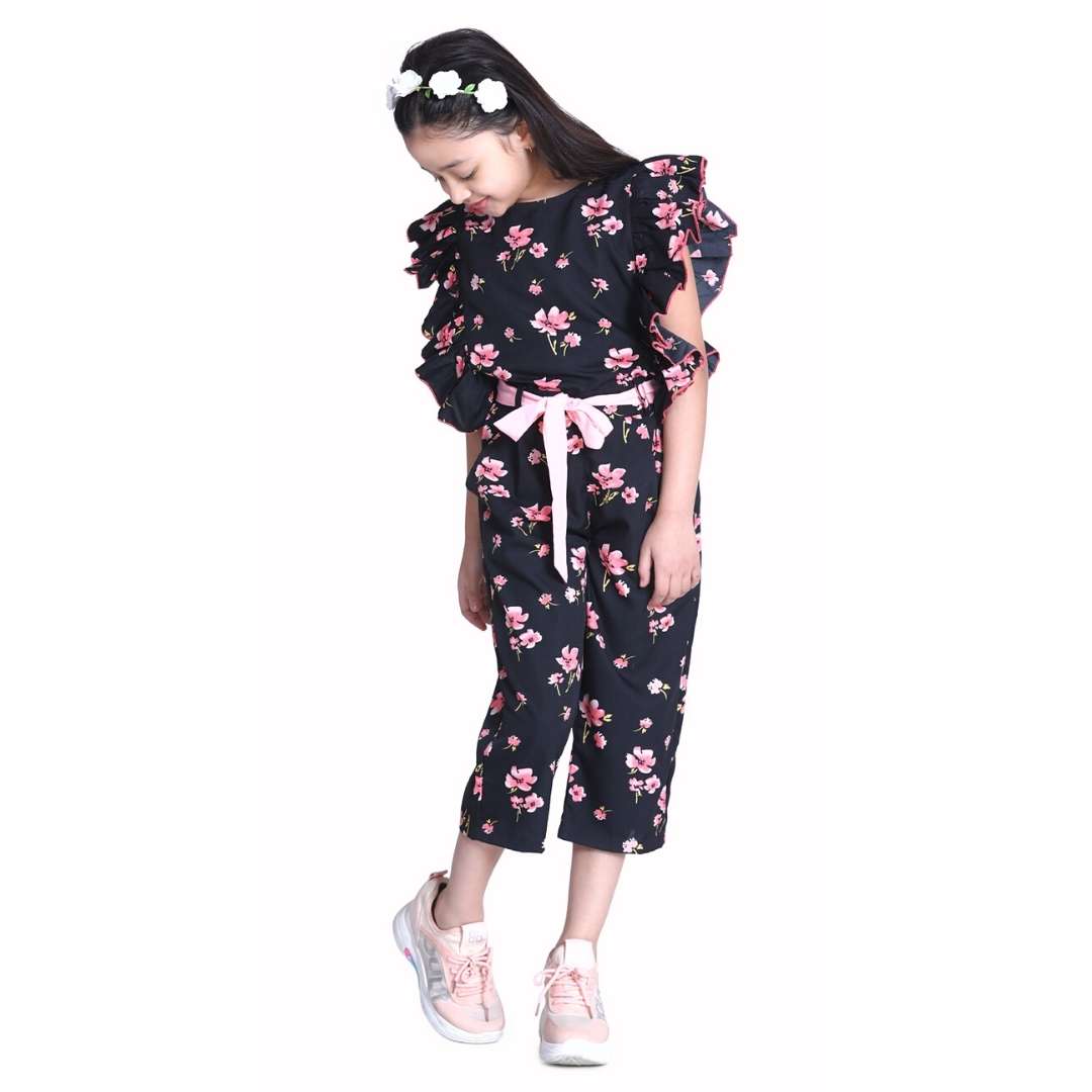 Cutiekins Floral Printed Ruffle Ankle length Jumpsuit -Black & Peach