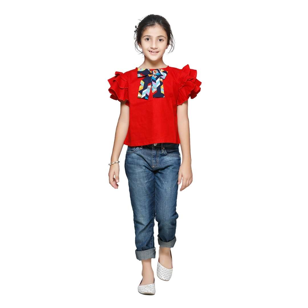 Girls Red Solid Ruffle Sleeves Round Neck Regular Top