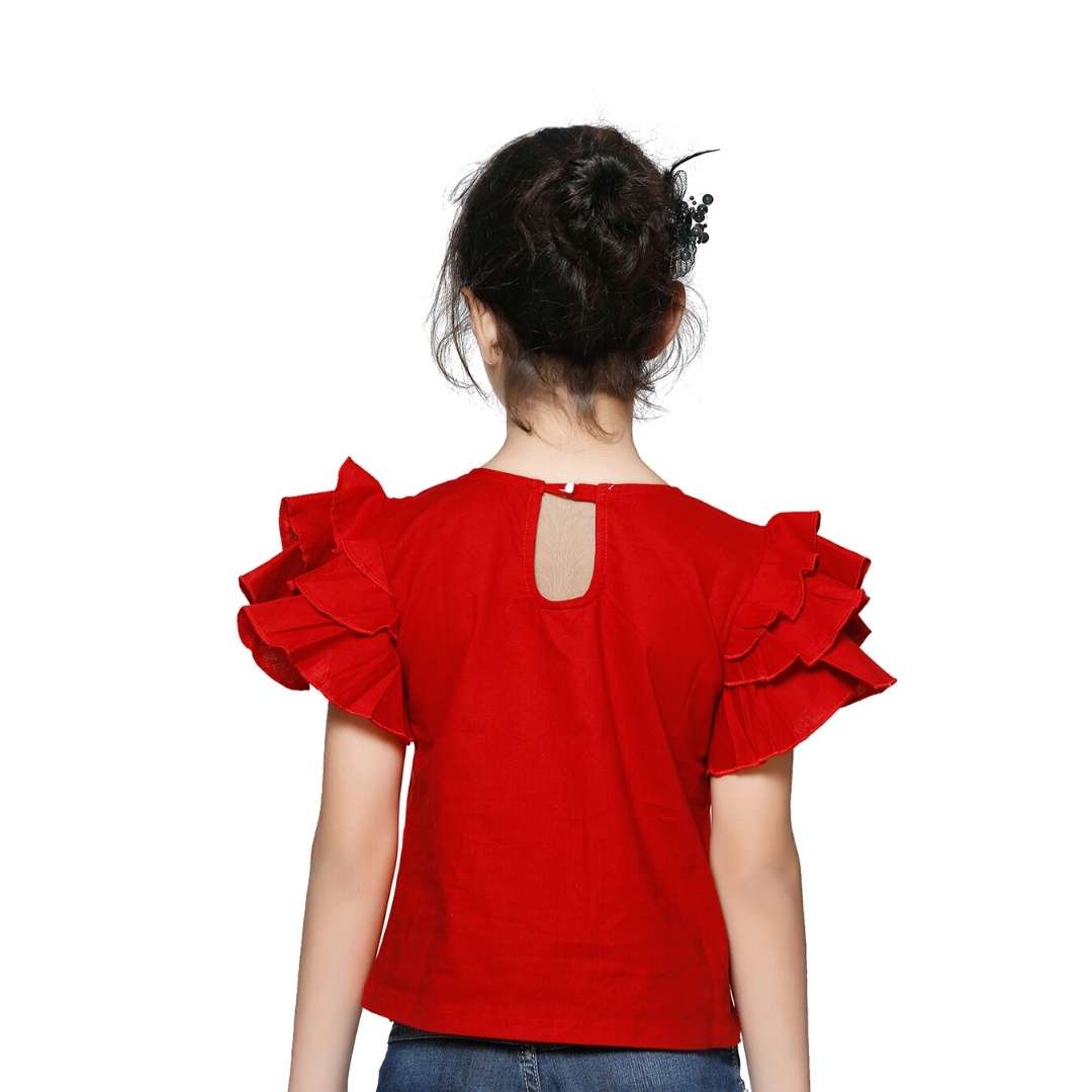Girls Red Solid Ruffle Sleeves Round Neck Regular Top