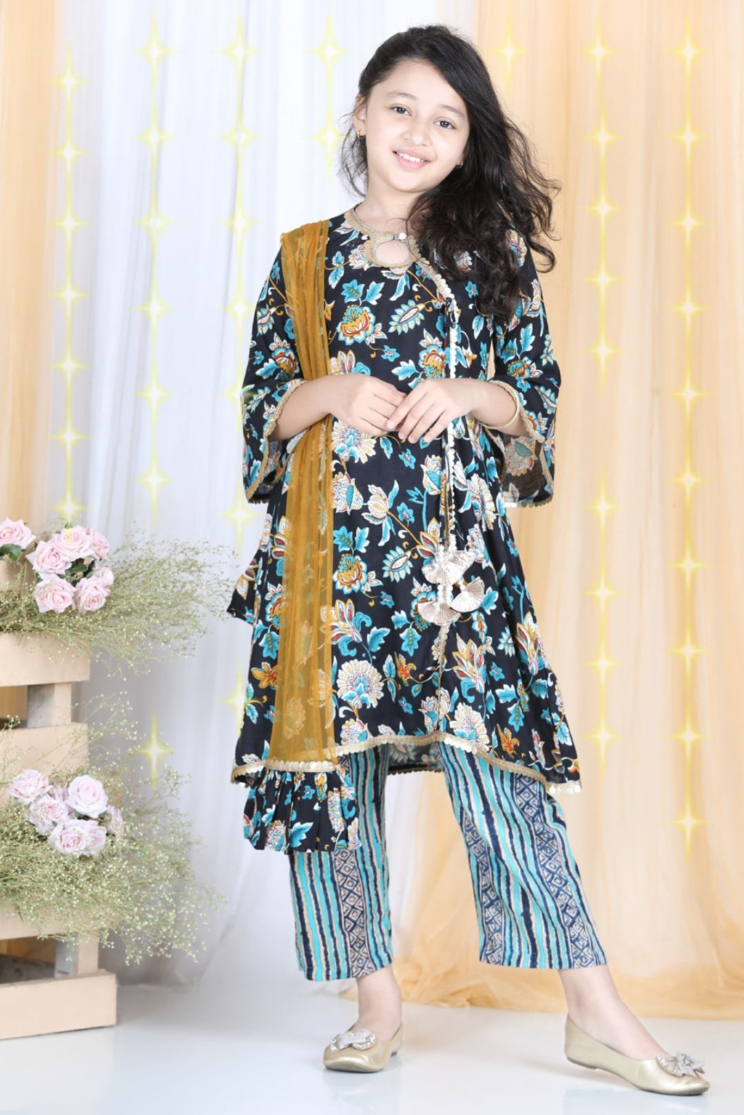 Cutiekins Floral & Striped Printed Angrakha Style Kurta & Palazzo Set -Teal Blue & Brown